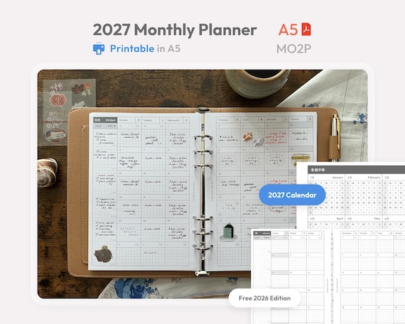 2027 Monthly Planner Inserts A5 Size Printable -  Dated Ring Binder Refill Pages Calendar - Minimal PDF MO2P Planner - Hobonichi Style