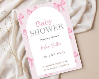 Mall för babyshowerinbjudan med rosa band och rosett, babyshowerinbjudan för flicka, kokettinbjudan, redigerbar Canvas-mall (nedladdning direkt)