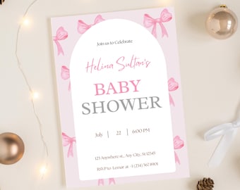 Mall för inbjudan till babyshower med rosa rosett, inbjudan till babyshower för flicka, kokettinbjudan, redigerbar Canvas-mall (nedladdning direkt)