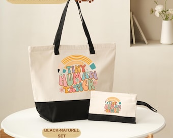 Tiny Human Tamer Canvas Tote Bag: Name Printed, Zippered (Multiple Colors)