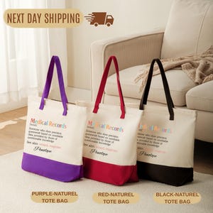 three tote bags with different colors and designs, placed on a carpeted floor in a living room setting.
