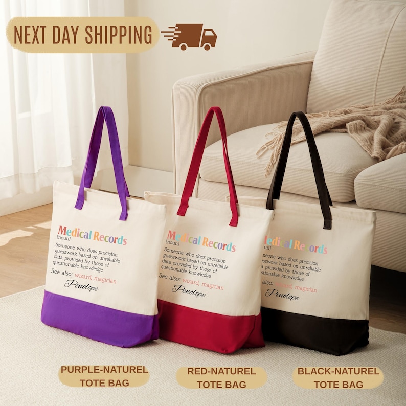 three tote bags with different colors and designs, placed on a carpeted floor in a living room setting.
