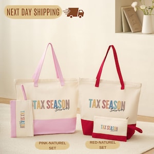 May include: Two canvas tote bags and matching pouches. One set is pink and the other is red. Each bag and pouch has the text "TAX SEASON Survivor" printed on it. The bags have handles and a bottom panel in a contrasting color.