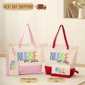 May include: Two tote bag sets, one pink and one red, each with a matching small pouch. The bags are off-white with colorful "NURSE" text and personalized names. The pink set has pink handles and base, while the red set has red handles and base.