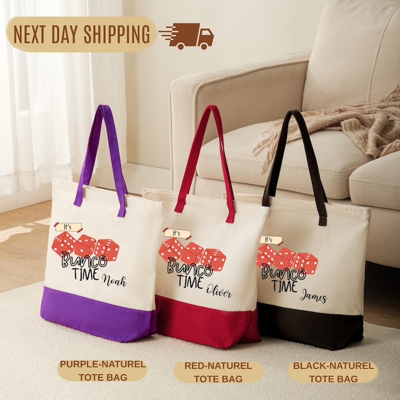 three tote bags with different colors and designs, placed on a carpeted floor in front of a couch.