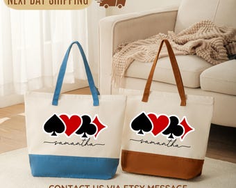 Playing Card Canvas Tote, Zippered Bridge and Canasta Bag (Custom Colors)