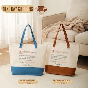 two tote bags, one blue and one brown, placed on a white rug in a living room setting.