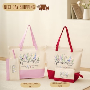 a set of three tote bags with floral designs, including a pink tote bag, a red tote bag, and a smaller pink tote bag. The bags are arranged on a white surface, with a shelf in the background displaying a vase of flowers. The text "Next Day Shipping" is visible, suggesting that the bags are ready for immediate delivery.
