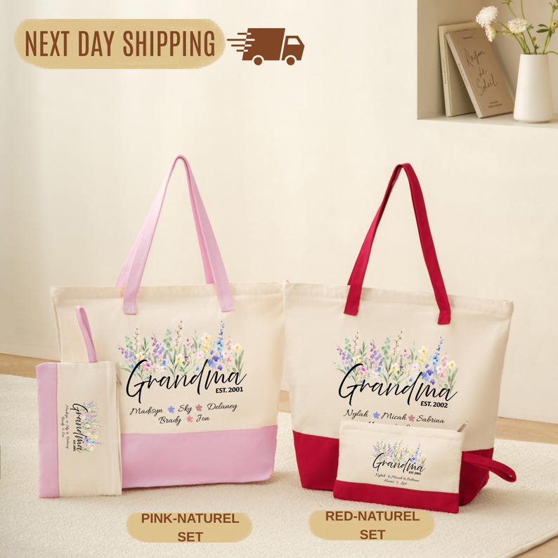 a set of three tote bags with floral designs, including a pink tote bag, a red tote bag, and a smaller pink tote bag. The bags are arranged on a white surface, with a shelf in the background displaying a vase of flowers. The text "Next Day Shipping" is visible, suggesting that the bags are ready for immediate delivery.