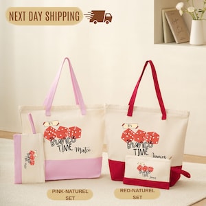 a set of three bags and a small bag, all with the same design and color scheme. The bags are pink and white, while the small bag is red. The bags are arranged on a white surface, and there is a shelf in the background with some books and a vase. The text in the image indicates that these items are "Next Day Shipping" and are part of a "Bunco Time Matte" collection.