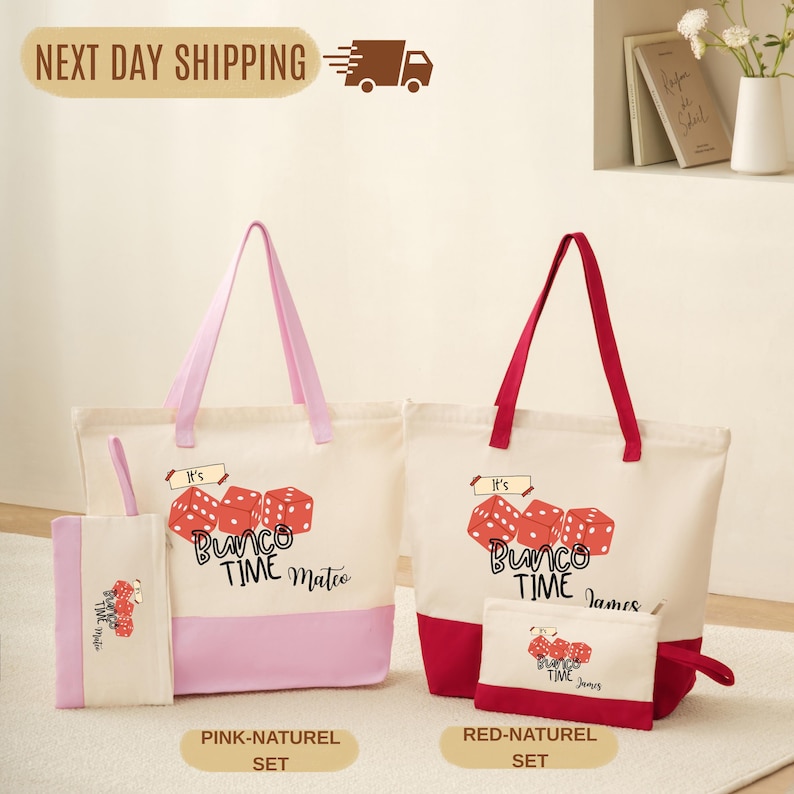 a set of three bags and a small bag, all with the same design and color scheme. The bags are pink and white, while the small bag is red. The bags are arranged on a white surface, and there is a shelf in the background with some books and a vase. The text in the image indicates that these items are "Next Day Shipping" and are part of a "Bunco Time Matte" collection.
