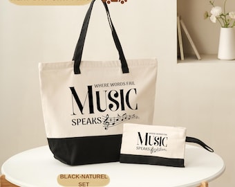 Bolso de mano para músicos: Lona con notas musicales (Cierre de cremallera, Amplio)