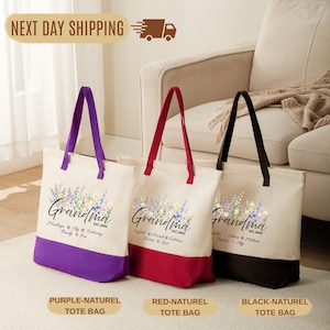 Three tote bags with different colors and designs, placed on a carpeted floor in front of a couch.