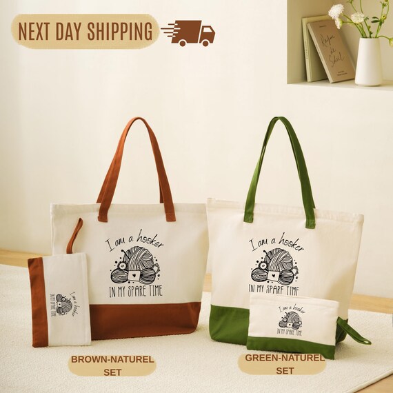 Hooker Crochet Tote Bag, Yarn Addict Humor (Canvas, Zippered)