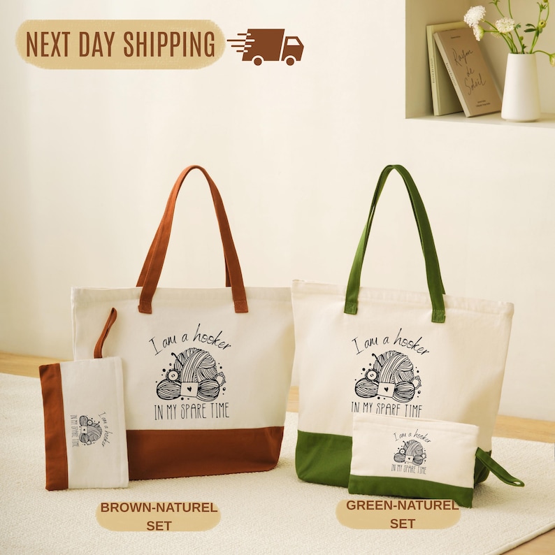 a set of three tote bags with a humorous message printed on them. The bags are arranged on a white surface, with one being larger and two smaller ones. The larger bag is brown, and the smaller bag is green. The message on the bags reads "I am a hoser on my spare time".