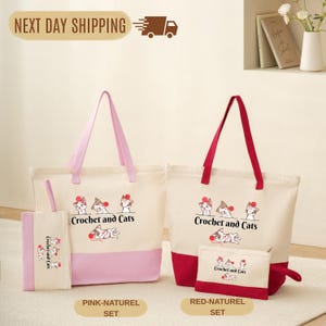 Crochet Tote Bag: Cats and Yarn Design (Canvas, Multiple Colors)