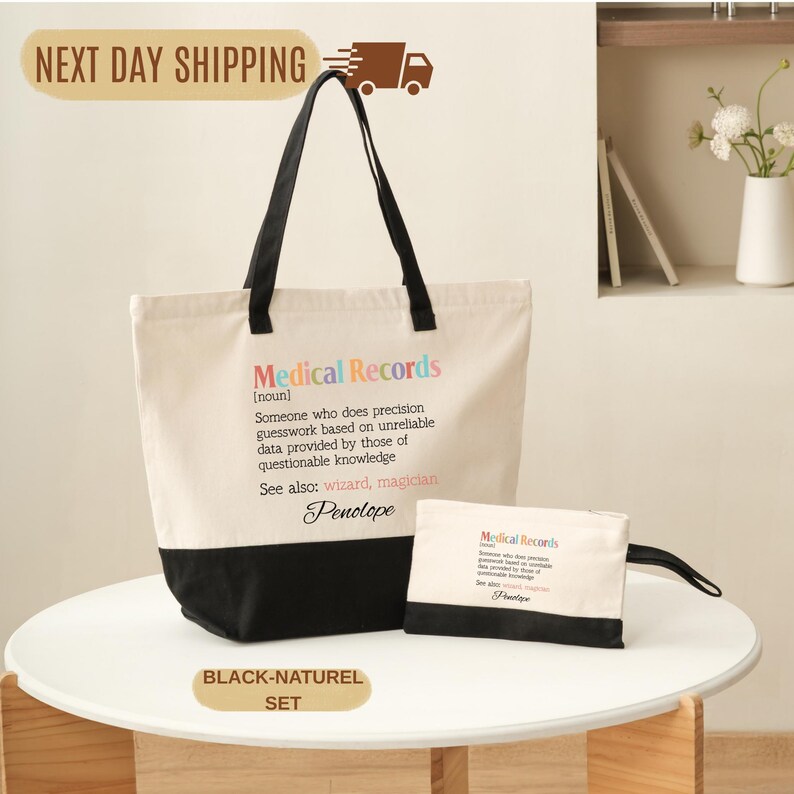 a tote bag and a small bag, both with the text "Medical Records" printed on them, placed on a white table.