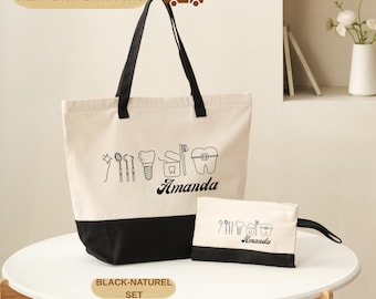 May include: A canvas tote bag and matching pouch set. The tote bag is cream-colored with a black bottom and handles. Both items feature a dental-themed design with the name "Amanda" and the words "Black-Naturel Set".