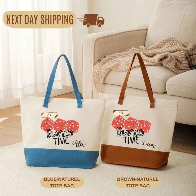 two tote bags, one blue and one brown, placed on a carpeted floor in a living room. The blue tote bag has a printed design with the text "BUNCO TIME Lexa" and the text "BLUE-NATURAL TOTE BAG". The brown tote bag has a printed design with the text "BUNCO TIME Lexa" and the text "BROWN-NATURAL TOTE BAG".