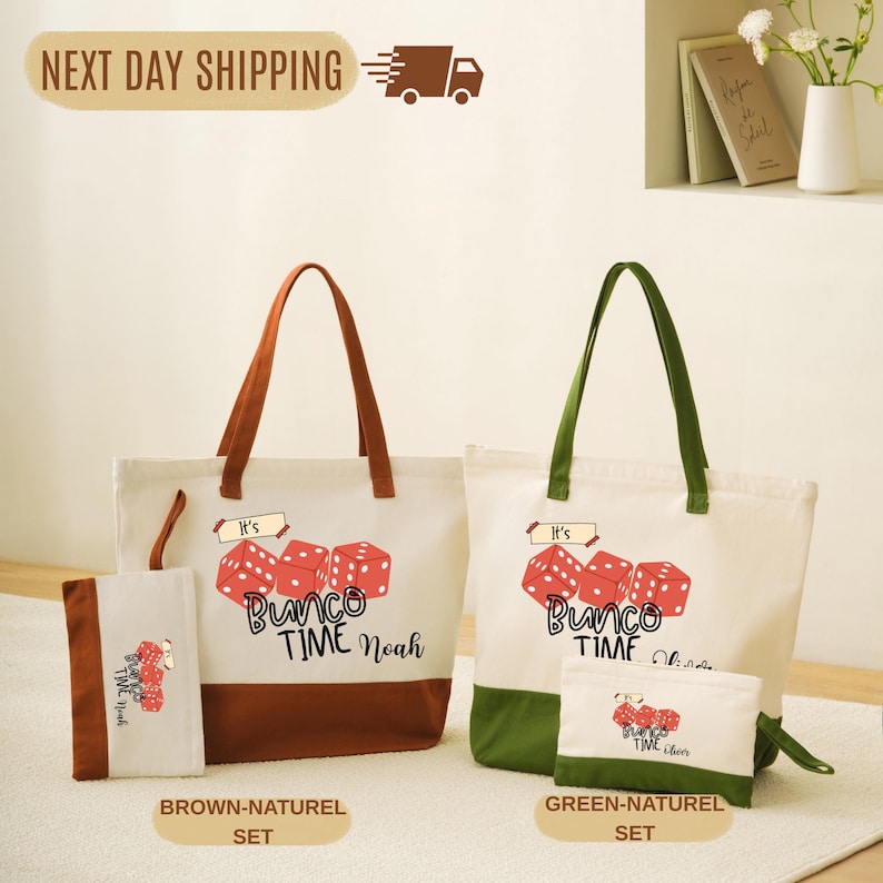 a collection of bags and accessories, including a tote bag, a small bag, and a wallet, all with the text "Bunco Time Noah" printed on them. The bags are displayed on a white surface, and there is a sign indicating "Next Day Shipping" above the bags.