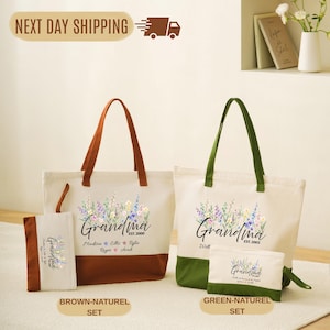 a set of two tote bags with floral designs, one brown and one green, along with a small bag, all labeled as "Grandma" and "Grandma's Set".