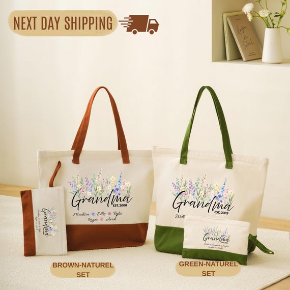 New Grandma Tote Bag, Personalized Two-Tone (Zippered, Custom Name)