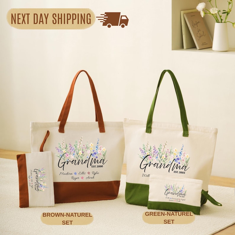 a set of two tote bags with floral designs, one brown and one green, along with a small bag, all labeled as "Grandma" and "Grandma's Set".