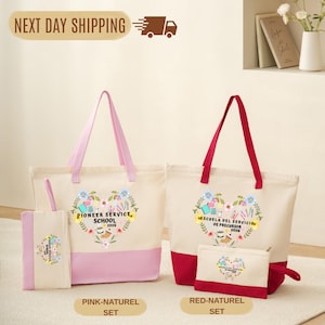 May include: Two canvas tote bags and matching pouches. One set is pink and natural, the other is red and natural. Each bag features a floral heart design with text: "PIONEER SERVICE SCHOOL 2026" and "ESCUELA DEL SERVICIO DE PRECURSOR 2026".
