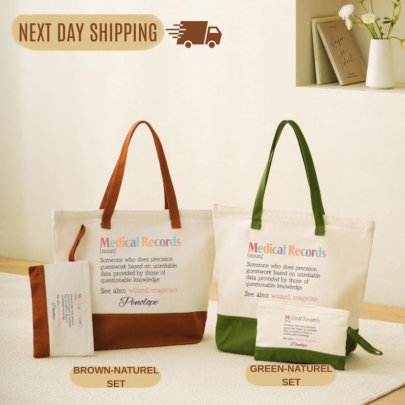 two tote bags, one brown and one green, both labeled "Medical Records" and "Phenolope", placed on a white surface. Next to the bags, there is a small green bag with a white label that reads "Medical Records" and "Phenolope". The text "Next Day Shipping" is displayed above the bags, and there is a small green vase with flowers in the background.