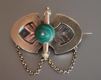Antique Victorian Malachite Brooch: 14kt Gold-Filled Bar Pin