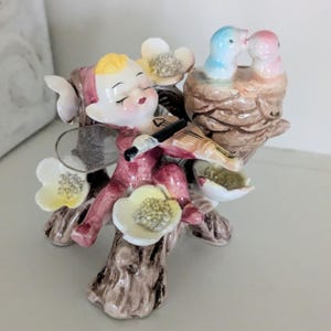 Sällsynt vintage japansk keramik älva som spelar fiol fågelbo figur Japan