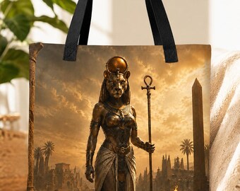 Bastet Tote Bag, Egyptian Cat Goddess Bag, Ancient Egypt Market Tote, Black Cat Goddess Gift, Witchy Book Bag, Pagan Canvas Tote, Mythology
