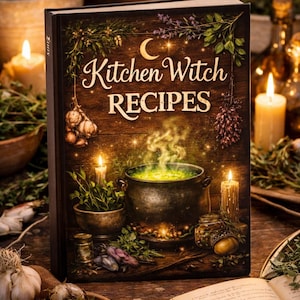 May include: A hardcover recipe journal titled "Magical Recipe Journal" with "Kitchen Witch Recipes" on the cover. The cover art features a cauldron, candles, and herbs. The book is open to a page with handwritten text.