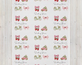 Strawberry Throw Blanket, Pink Cottagecore Decor, Soft Cozy Throw