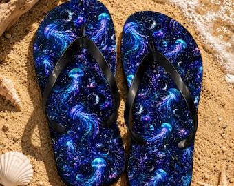 Chanclas de medusas galácticas, sandalias oceánicas cósmicas, zapatos de playa azules y morados, calzado de vida marina celestial, regalo de vacaciones para ella