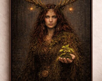 Horned Forest Goddess Canvas, Celtic Woodland Deity Art, Nature Spirit Wall Art, Dark Pagan Mythology, Woodland Witch Decor
