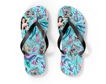Vintage Mermaid Pattern Flip Flops | Nautical Anchor Seashells