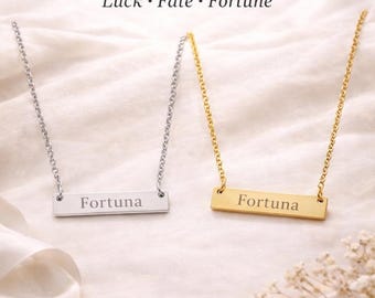 Fortuna Necklace, Luck Fate Fortune Bar Necklace, Engraved Gold Silver Jewelry, Manifestation Necklace, Symbolic Gift for Her