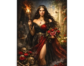 Persephone poster, kunst aan de muur Griekse mythologie, donkere vrouwelijke posterprint, gotische rode esthetiek, decor koningin van de onderwereld