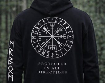 Vegvisir Viking Compass Zip Hoodie-Norse Protection Symbol Hoodie-Viking Rune Zip-Up-Nordic Mythology Gift