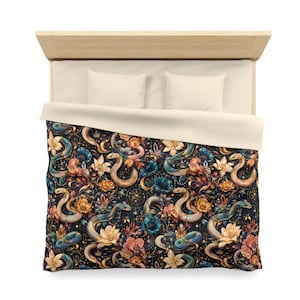 Funda nórdica con estampado floral oscuro y serpiente, ropa de cama gótica botánica, decoración de dormitorio maximalista y sombría, edredón estilo academia oscura, juego de cama de lujo con estampado de serpiente.