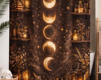 Witchy Moon Phase Shower Curtain Vintage Apothecary Cottagecore Bathroom Decor