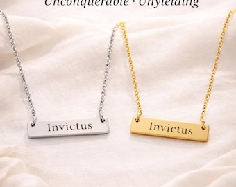 Invictus Bar Necklace, Engraved Latin Word Necklace, Minimalist Gold Silver Bar Necklace, Strength Jewelry, Meaningful Gift for Her