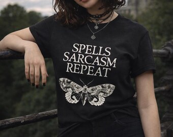 Spells Sarcasm Repeat Shirt, Witchy Moth Graphic Tee, Dark Academia Apparel