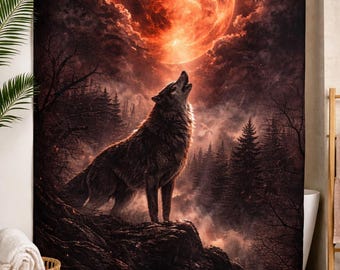 Blood Moon Wolf Shower Curtain Gothic Fantasy Bathroom Decor Dark Witchy Lunar Wolf Art