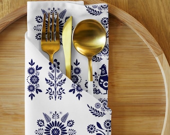 Blauwe stoffen servettenset met bloemenprint van 4 tafellinnen in Scandinavische stijl