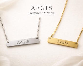 Aegis Bar Necklace, Engraved Latin Word jewelry, Minimalist Gold Silver Necklace, Protection Symbol Jewelry, Gift for Her
