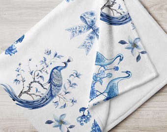 Blue Chinoiserie Bird Throw Blanket, Vintage Crane & Peacock