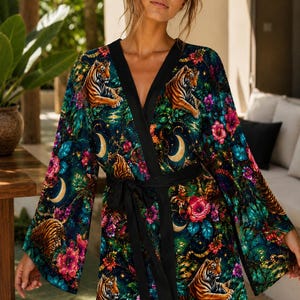 Lunar Tigress Kimono Robe, Celestial Tiger Floral Cover Up, Boho Moon Kimono, Tropical Jungle Lounge Robe, Festival Resort Wear