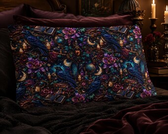 Gothic Raven Pillow Sham, Dark Academia Bedding, Crow Pillow Cover, Witchy Bedroom Decor
